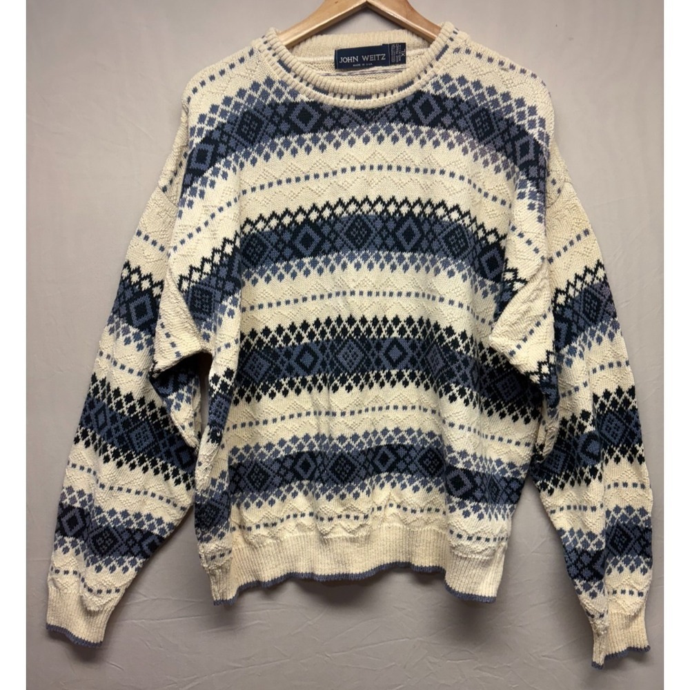 John Weitz Pullover Sweater Men's White Blue Crew‎ Neck Argyle Stripe XL Vintage